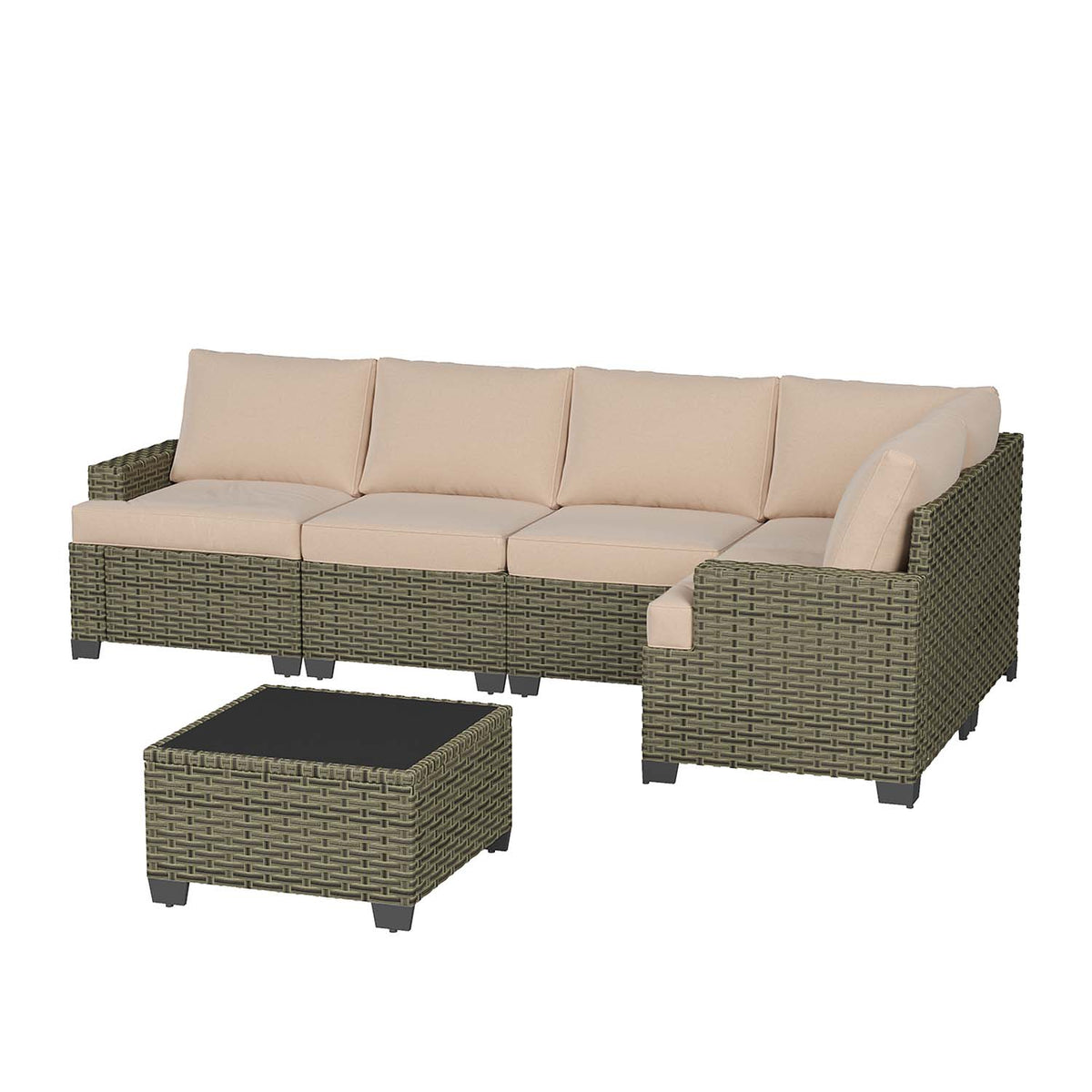 Clouddwell 6 Pieces Outdoor Patio Furniture Set, Rattan Wicker Sectional Chairs Sets with Table, Light Gray