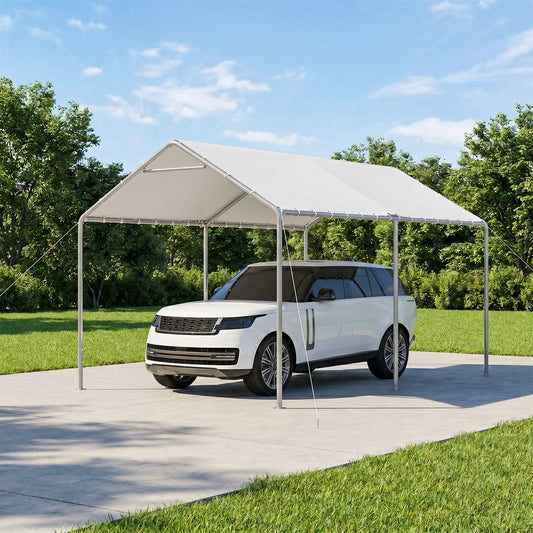 Dateyes 10x15 FT Carport, Heavy Duty Carport Canopy with Adjustable Height, Outdoor Carport Shelter with Reinforced Frame, Portable Garage for Cars, Boats and Trucks, White