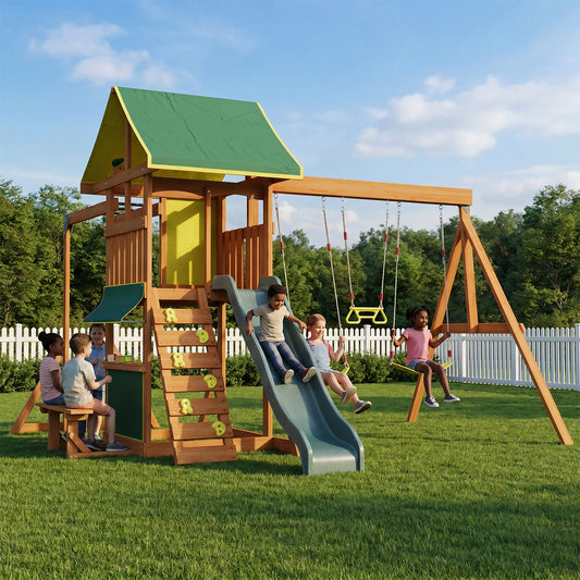 Clouddwell Wooden Swing Set for Backyard Playground Swingset with Slide Kid Outdoor Play Set with 8 FT Wave Slide, 2 Belt Swings Play Deck, Rock Wall Ladder, Belt Swings, Chalkboard