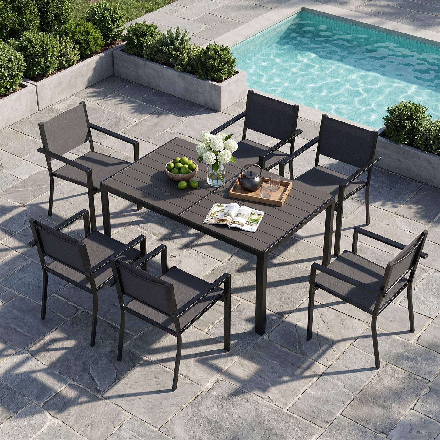 Clouddwell 7-Piece Patio Table and Textilene Chairs Set for 6, Patio Dining Sets With Metal Table, Dark Gray