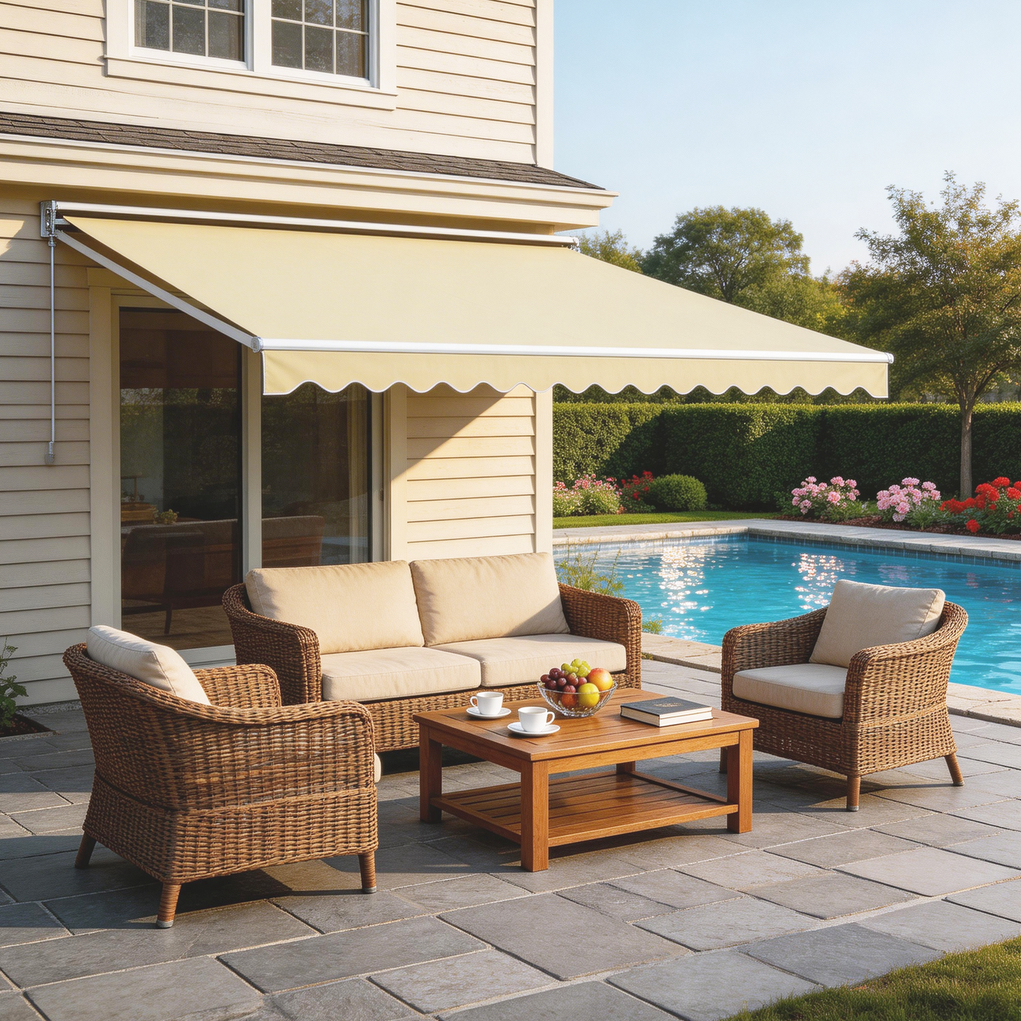 Sunmthink 12x10 FT Manual Retractable Awning, Waterproof Patio Sun Shade Canopy with Crank Handle, PA Coated Polyester for Backyard, Deck & Window, Beige