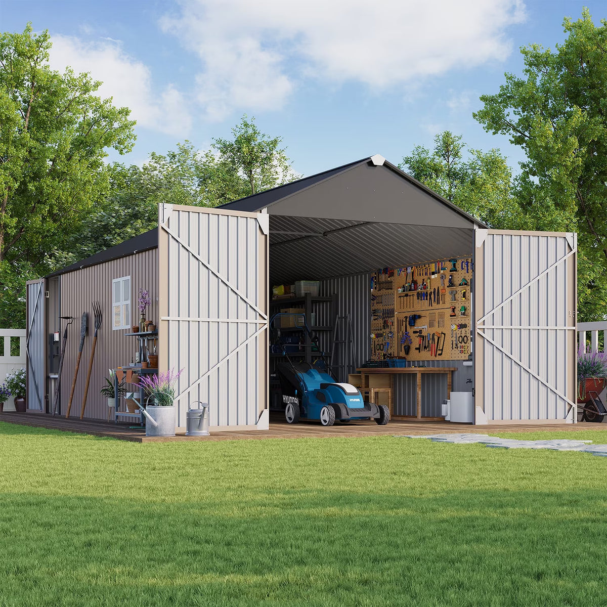 LazySunsets 12 x 20FT Shed Outdoor Storage Shed with Double Hinged Large Door, Extra Large Metal Shed with Lockable Door & Sloped Roof for Garden, Backyard, Patio and Backyard, Brown
