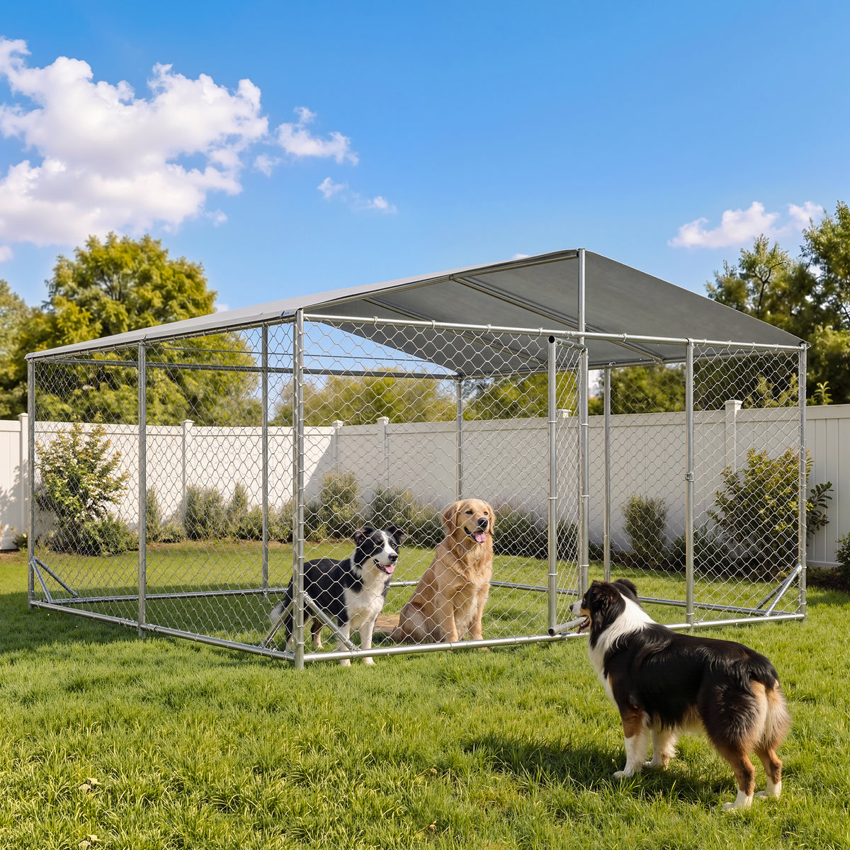 LazySunsets 9.8 ft x 9.8 ft Heavy Duty Outdoor Dog Kennel, Large Metal Chain Link Dog Cage with Waterproof Roof, Walk-in Pet Dog Run House for Backyard Garden