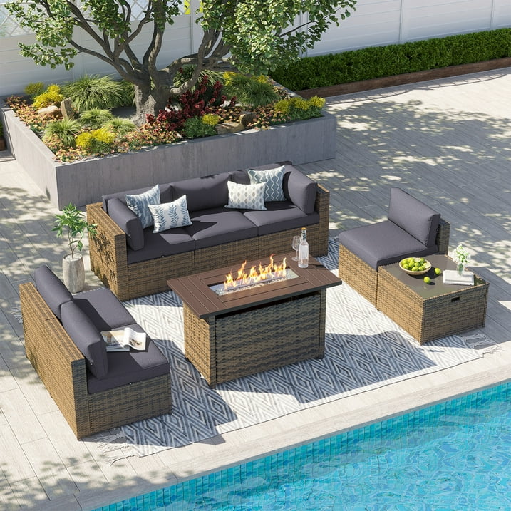 Clouddwell 8 Piece Patio Furniture Set with 44” Fire Pit Table Wicker Rattan Patio Conversation Set Outdoor Sectional Sofa Set with Coffee Table and Gray Cushions(Waterproof Cover Included)