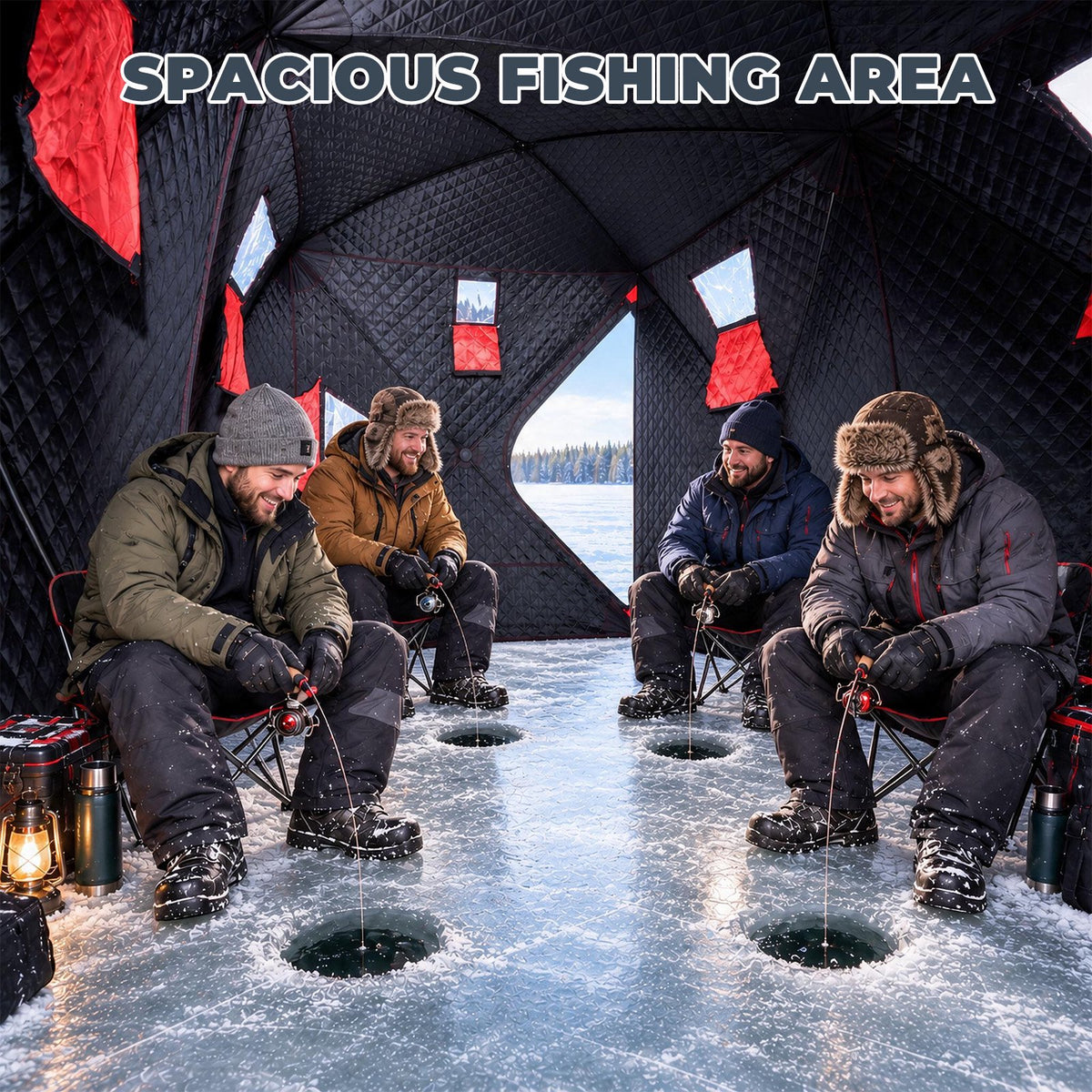 Dateyes Pop Up Ice Fishing Shelter, Insulated Ice Fishing Tent for 6-8 People, 420D Insulated Fabric, 150"x70"x78" 73 sq.ft Fishing Area, Red