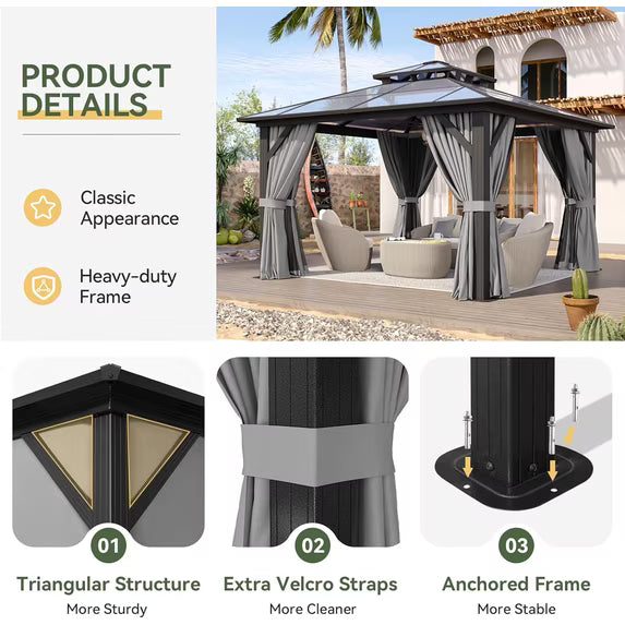 Aoxun 12'x12' Hardtop Gazebo, Aluminum Frame Permanent Pavilion with Curtains and Netting, Outdoor Polycarbonate Double Roof Canopy, Designed for Garden, Lawns, Patio, Gray