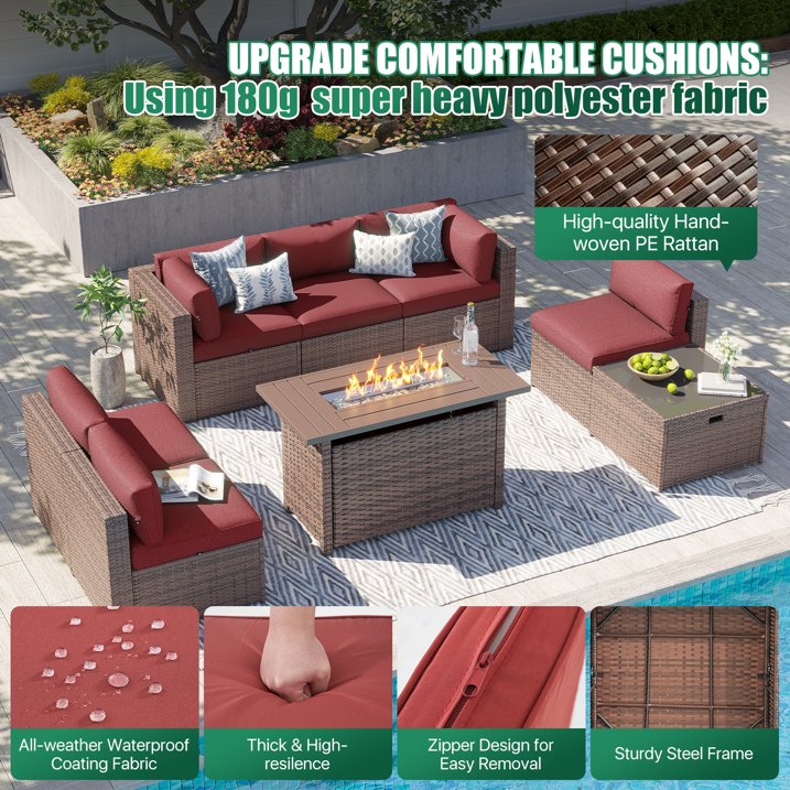 Clouddwell 8 Piece Patio Furniture Set with 44” Fire Pit Table Wicker Rattan Patio Conversation Set Outdoor Sectional Sofa Set with Coffee Table and Blue Cushions(Waterproof Cover Included)
