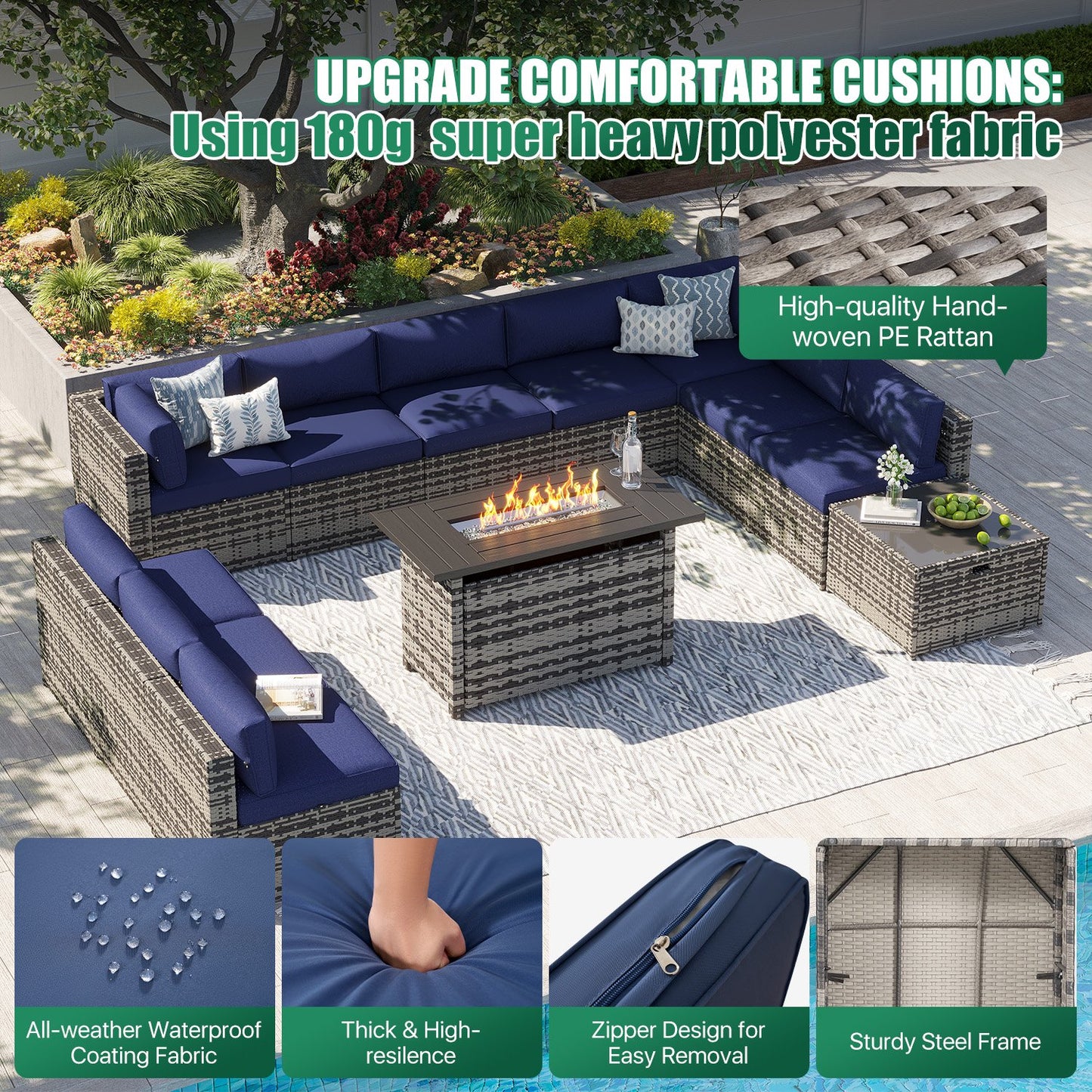 Clouddwell 12 Piece Patio Furniture Set with 44” Fire Pit Table Wicker Rattan Patio Conversation Set Outdoor Sectional Sofa Set with Coffee Table and Blue Cushions(Waterproof Cover Included)