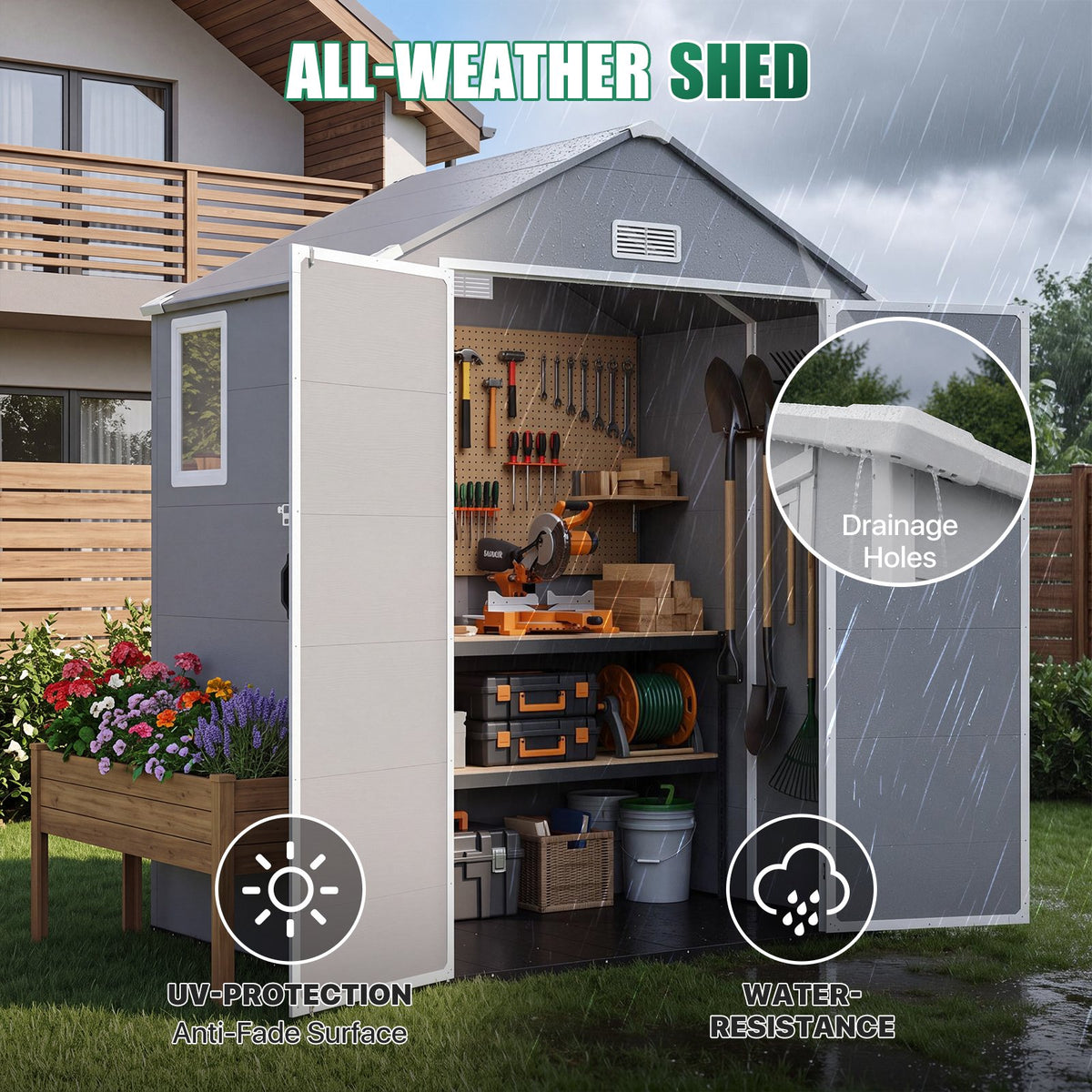 Dateyes 6 x 4 FT Resin Outdoor Storage Shed, Outdoor Sheds with Floor & Window, All-Weather Heavy Duty Plastic Shed for Backyard, Garden, Patio, Light Gray