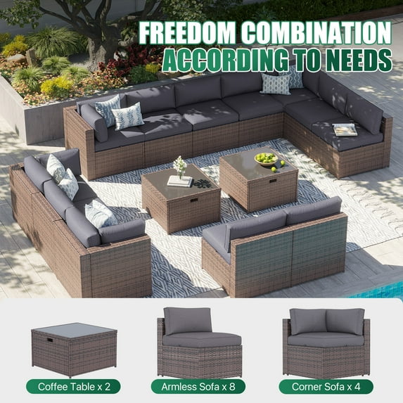Clouddwell 14 Piece Patio Furniture Set Wicker Rattan Patio Conversation Set Outdoor Sectional Sofa Set with Coffee Table and Gray Cushions(Waterproof Cover Included)