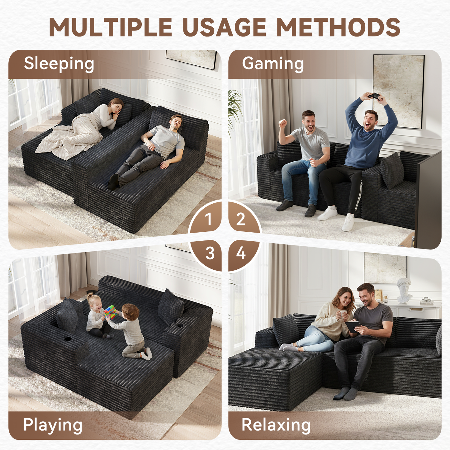 Sunmthink Cloud Couch Corduroy Modular Sectional Sofa L-Shape Boneless Couch with Wide Armrests and Cup Holders for Living Room Bedroom, No Assembly Required (Black)