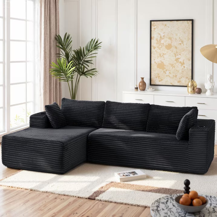LazySunsets 103" Boneless Couch for Living Room, L-Shaped Modular Sectional Sofa with Wide Armrests and Cup Holders, Corduroy Cloud Cuch No Assembly, Black