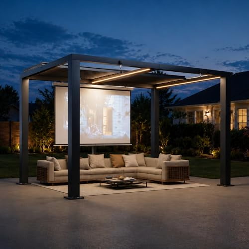 Sunmthink 9' x 12' Motorized Louvered Patio Pergola with Dual Adjustable Roof Panels, Built-In LED Lighting, Ceiling Fan & Outdoor Power Outlet, All-Weather Frame