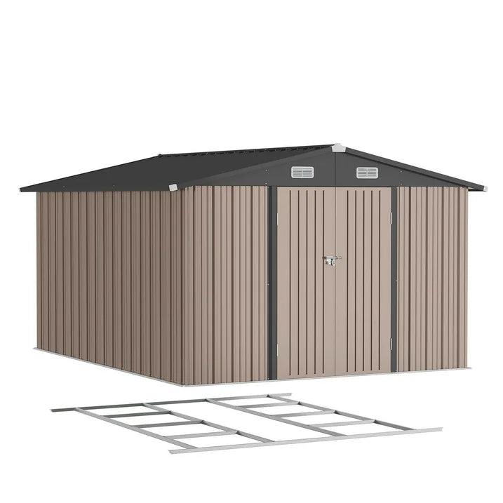 Clouddwell 10x12 ft. Outdoor Storage Shed with Base, Brown Metal Garden Shed with Double Lockable Doors for Backyard, Patio