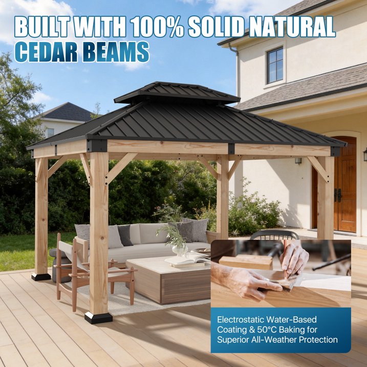 Sunmthink 10'x12' Outdoor Hardtop Gazebo, Cedar Wood Pavilion with Galvanized Steel Double Roof, for Patio, Garden, Deck
