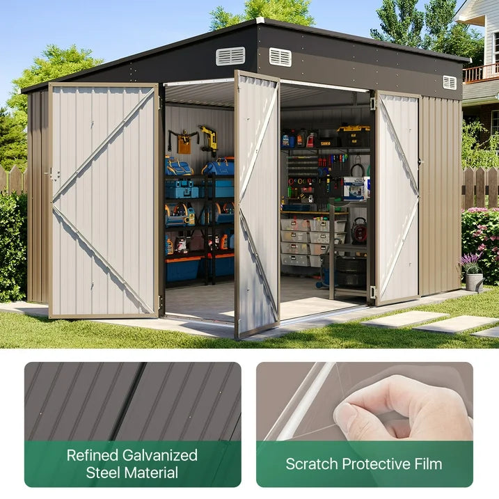Clouddwell 10ft x 8ft Heavy-Duty Metal Storage Shed with 3 Doors, Lockable Lean-To Design, Weatherproof for Garden & Tools (Brown)