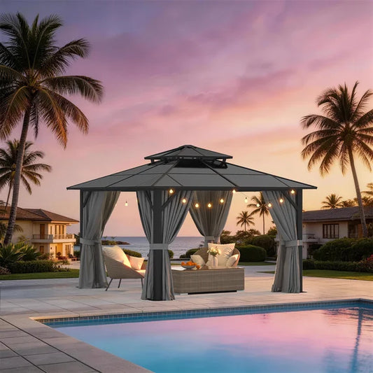 Sunmthink 12' x 12' Hardtop Gazebo,Polycarbonate Double Roof,Aluminum Frame with Curtains and Netting for Patio,Garden,Gray