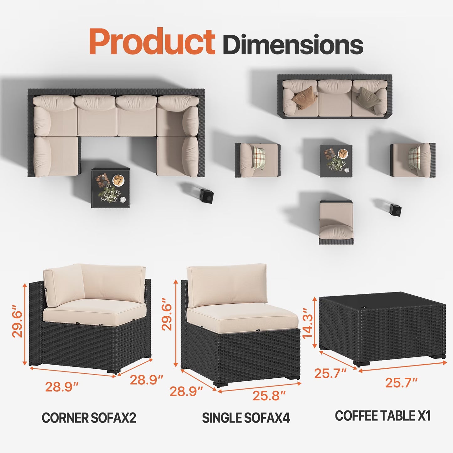Clouddwell 7 Pieces Patio Furniture Set, All-Weather Wicker Rattan Patio Sectional Sofa Set with Coffee Table (Beige)