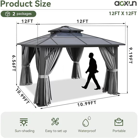 Aoxun 12'x12' Hardtop Gazebo, Aluminum Frame Permanent Pavilion with Curtains and Netting, Outdoor Polycarbonate Double Roof Canopy, Designed for Garden, Lawns, Patio, Gray