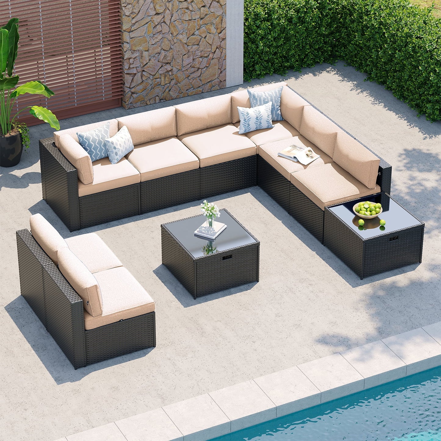 Clouddwell 10-Piece Patio Furniture Set on Sale, Black Rattan Wicker Outdoor Sectional Sofa Couch with Table Patio Conversation Set for Lawn& Backyard,Beige