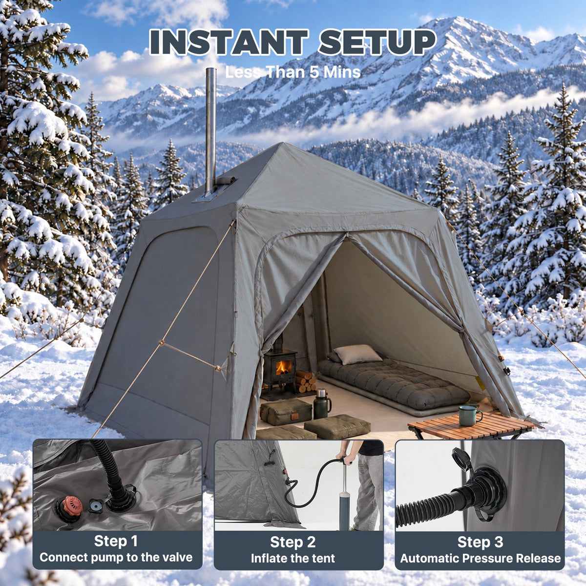 Dateyes Inflatable Camping Tent for 5-7 Person, 10x10 FT Quick Blow-up Family Tent, Lightweight Portable Outdoor Shelter for Camping, Beach and Festivals, Dark Gray