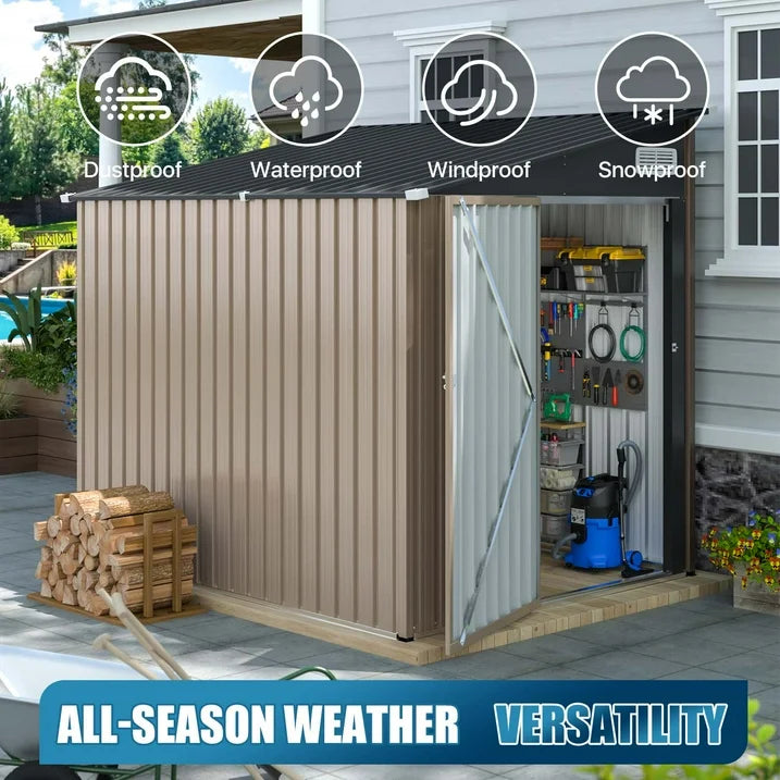 Sunmthink 7'x5.5' Lean to Shed with Side Door Waterproof Utility Shed with Sloped Roof, Lockable Door, Brown