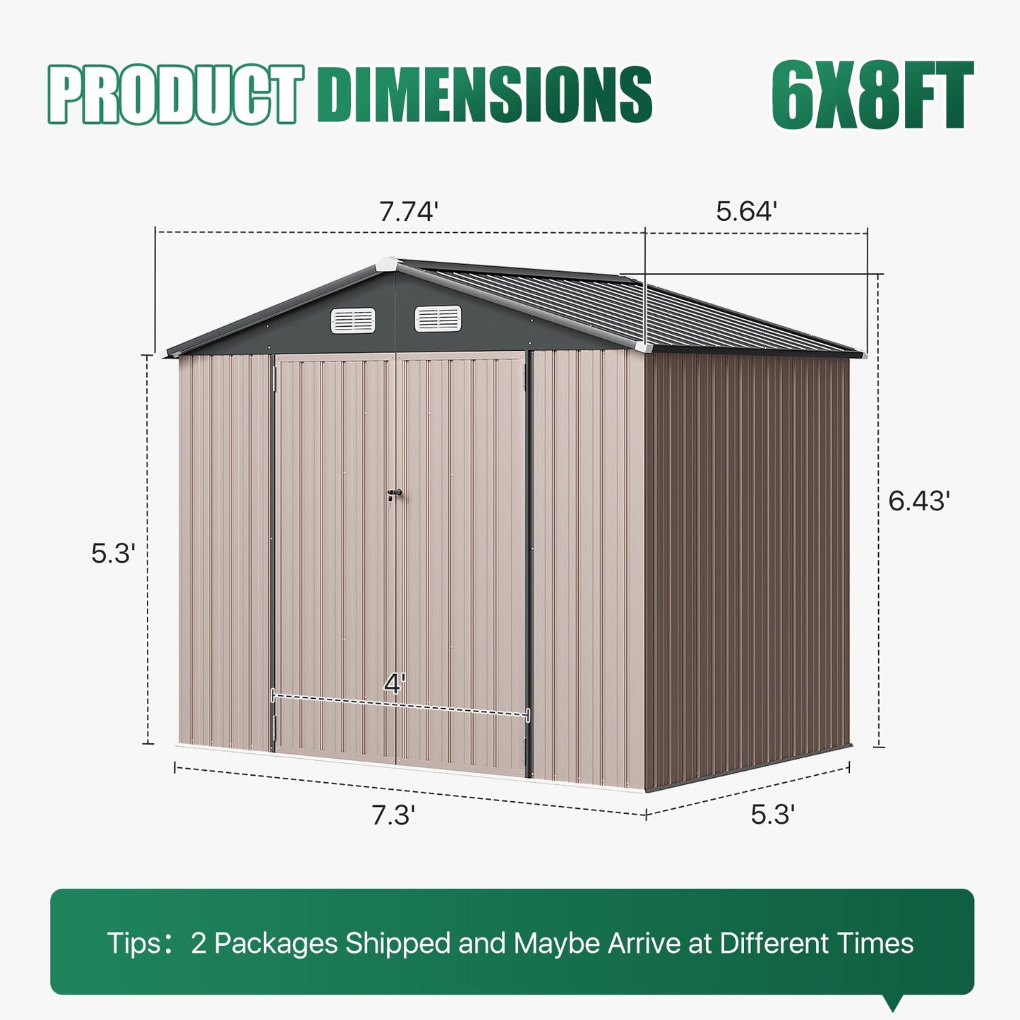 Clouddwell 8 x 6 FT Shed Outdoor Storage Shed with Double Hinged Large Door, Large Metal Shed with Lockable Door & Sloped Roof for Garden, Patio and Backyard, Brown