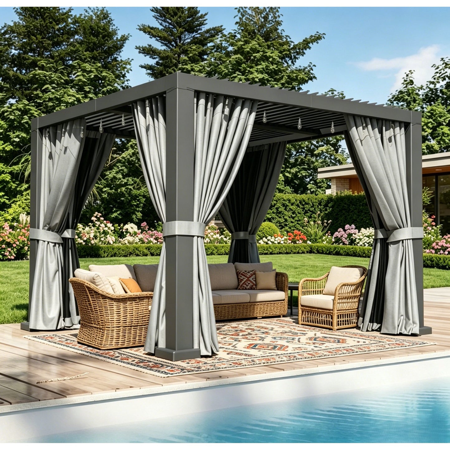 Sunmthink 10' x 10' Louvered Pergola, Outdoor Aluminum Pergola with Curtains & Netting for Decks, Gardens and Backyards, Gray