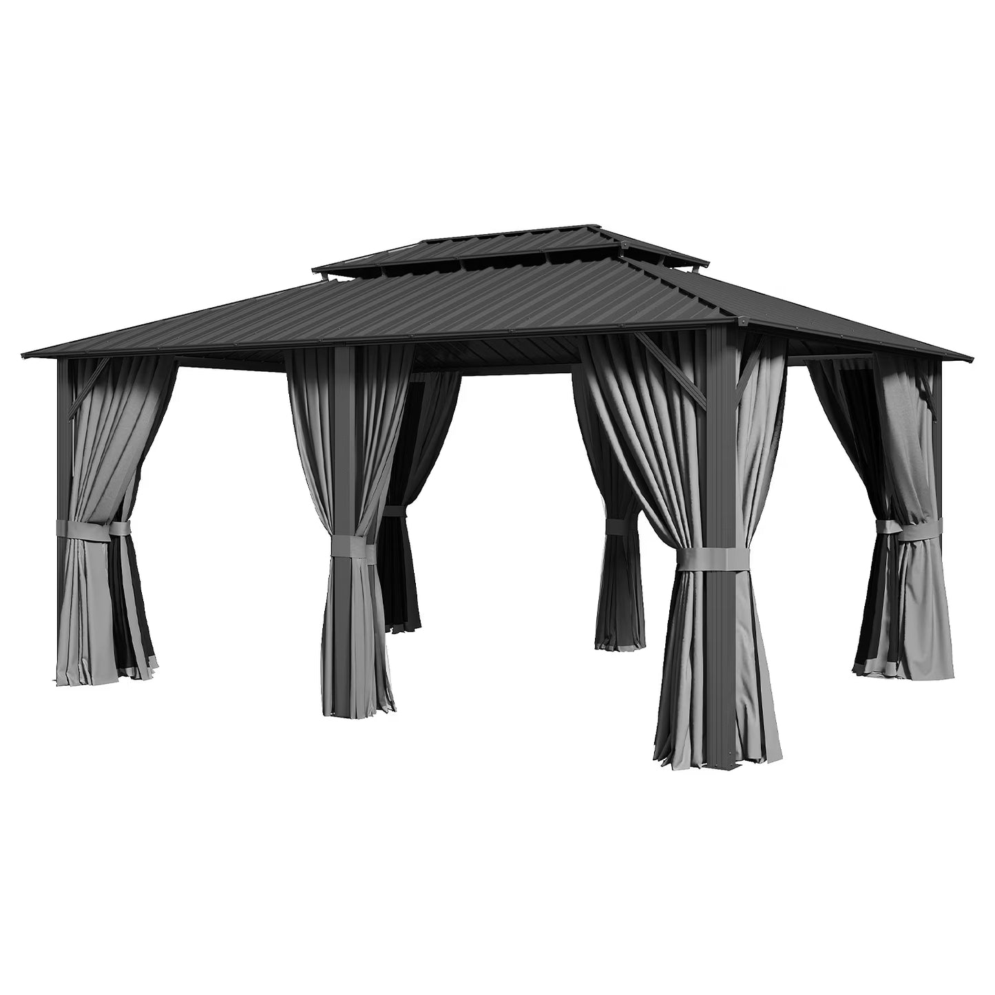 Sunmthink 12' x 16' Hardtop Gazebo with Mosquite Netting, Double Metal Roof for Lawn and Garden, Gray