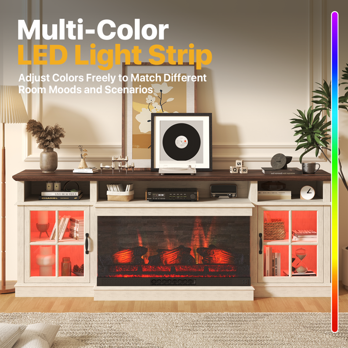 Sonegra 70 inch Fireplace TV Stand for TVs up to 80" with Electric Fireplace, Farmhouse Entertainment Center with LED Lights and Glass Door, Modern TV Consoles for Living Room, White