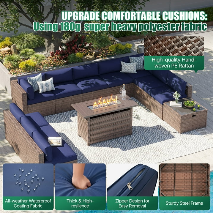 Clouddwell 12 Piece Patio Furniture Set with 44” Fire Pit Table Wicker Rattan Patio Conversation Set Outdoor Sectional Sofa Set with Coffee Table and Blue Cushions(Waterproof Cover Included)