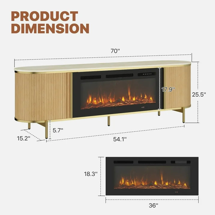 Sonegra 70" Fireplace TV Stand, Modern Entertainment Center for TVs Up to 80", TV Console Table for Living Room, Media Cabinet with Storage,70 Inch, Oak