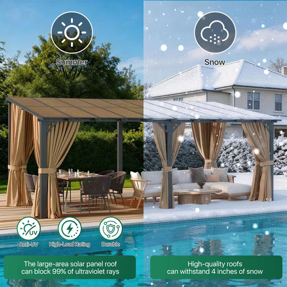 LazySunsets 10x20 FT Wall-Mounted Aluminum Gazebo Polycarbonate Roof with Full Mosquito Netting & Privacy Curtains