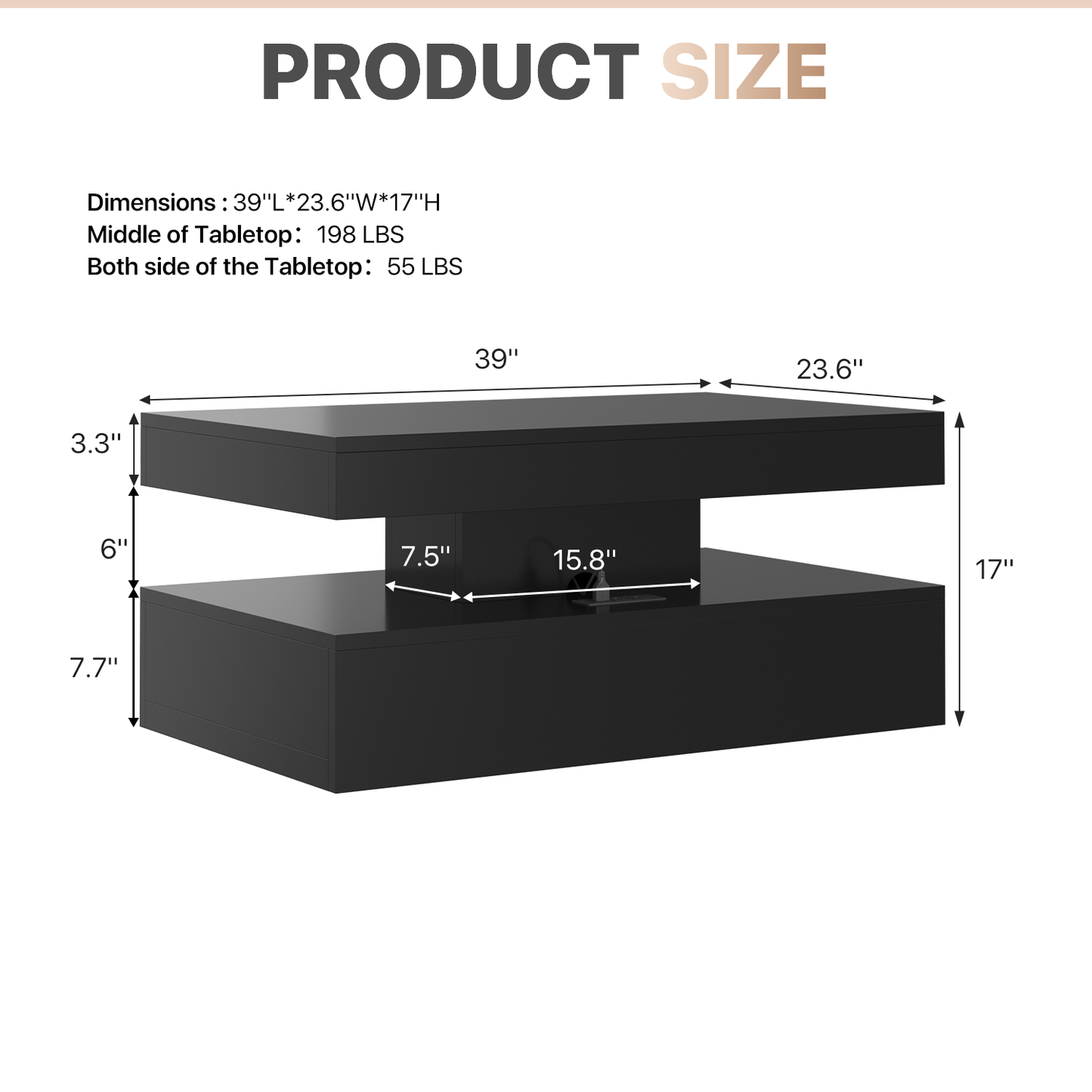 Sonegra 39" High-Glossy LED Coffee Table, Storage Coffee Table with 2 Sliding Drawers for Living Room, Modern Stylish Double-Layer Center Tables with LED Lights, Black