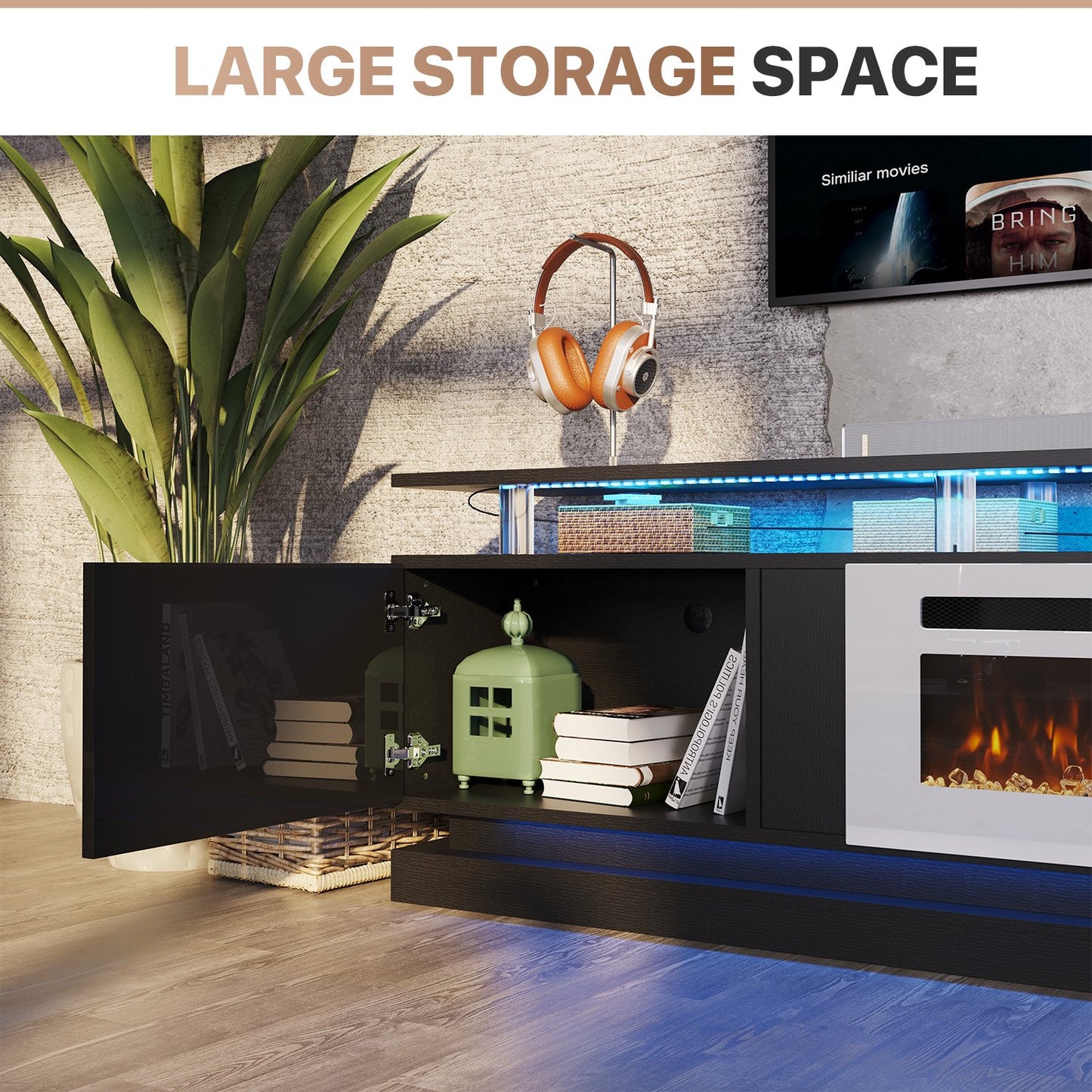 Sonegra Modern Fireplace TV Stand for TVs Up to 90" with Music Sync LED, 80" Entertainment Center with Electric Fireplace, TV Console with Storage Cabinets for Living Room, Black