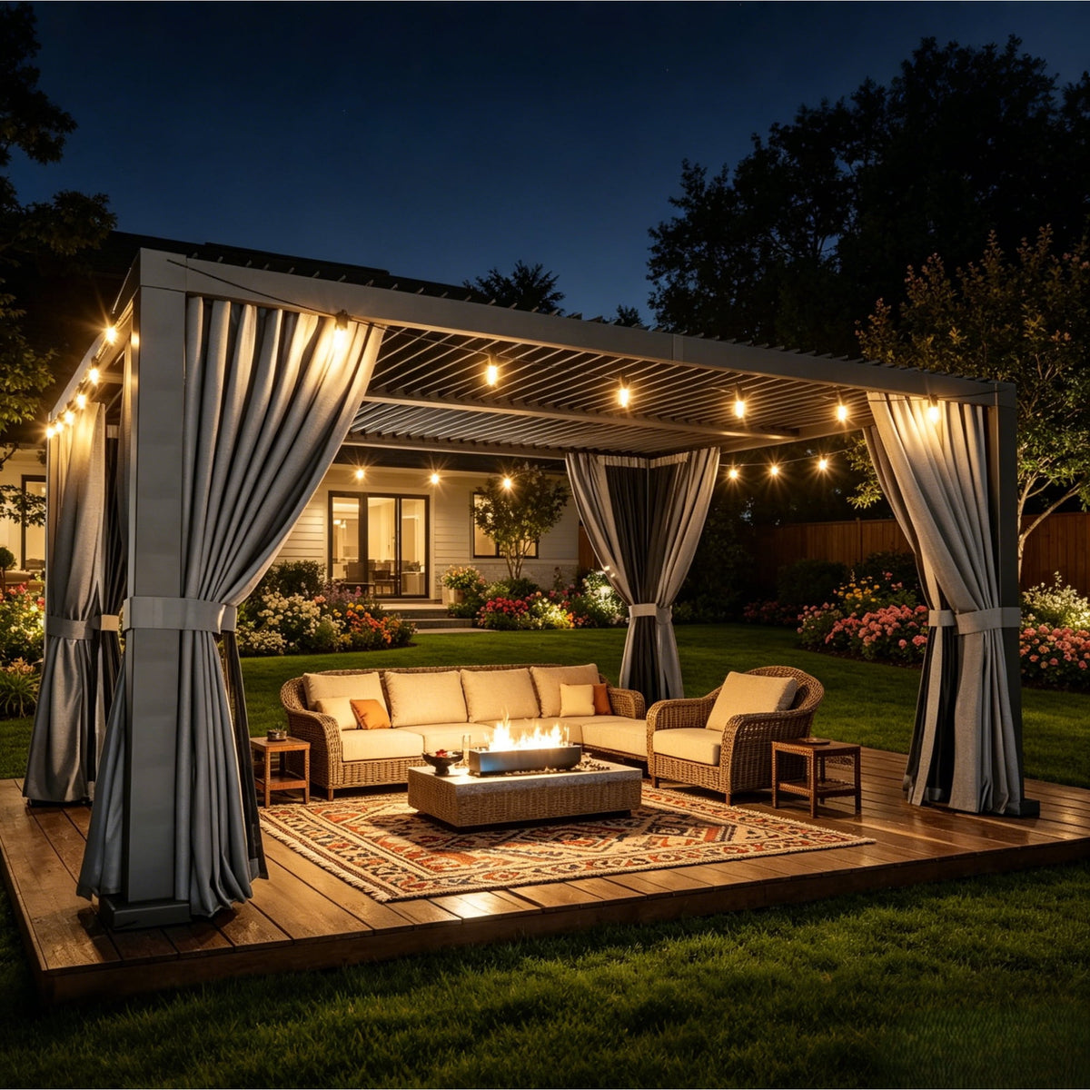Clouddwell 12' × 16' Adjustable Louvered Pergola, Outdoor Aluminum Pergola with Curtains & Netting for Backyard, Deck & Poolside, Gray