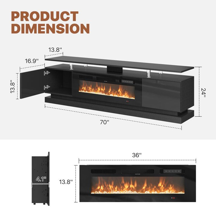 Sonegra Fireplace TV Stand with Electric Fireplace up to 80", Entertainment Center with Fireplace, LED 70" Modern TV Console with Storage for Livingroom, Black