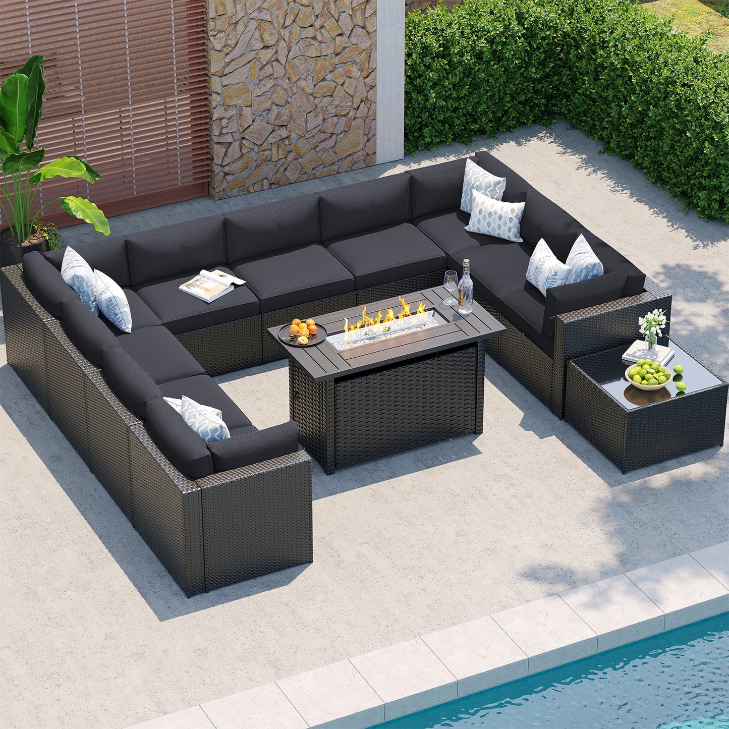 Clouddwell 12-Piece Patio Furniture Set With Fire Table On Sale, Black Rattan Wicker Outdoor Sectional Sofa Couch with Table Patio Conversation Set for Lawn& Backyard,Black