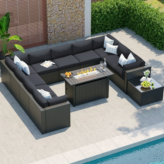 Clouddwell 12-Piece Patio Furniture Set With Fire Table On Sale, Black Rattan Wicker Outdoor Sectional Sofa Couch with Table Patio Conversation Set for Lawn& Backyard,Beige