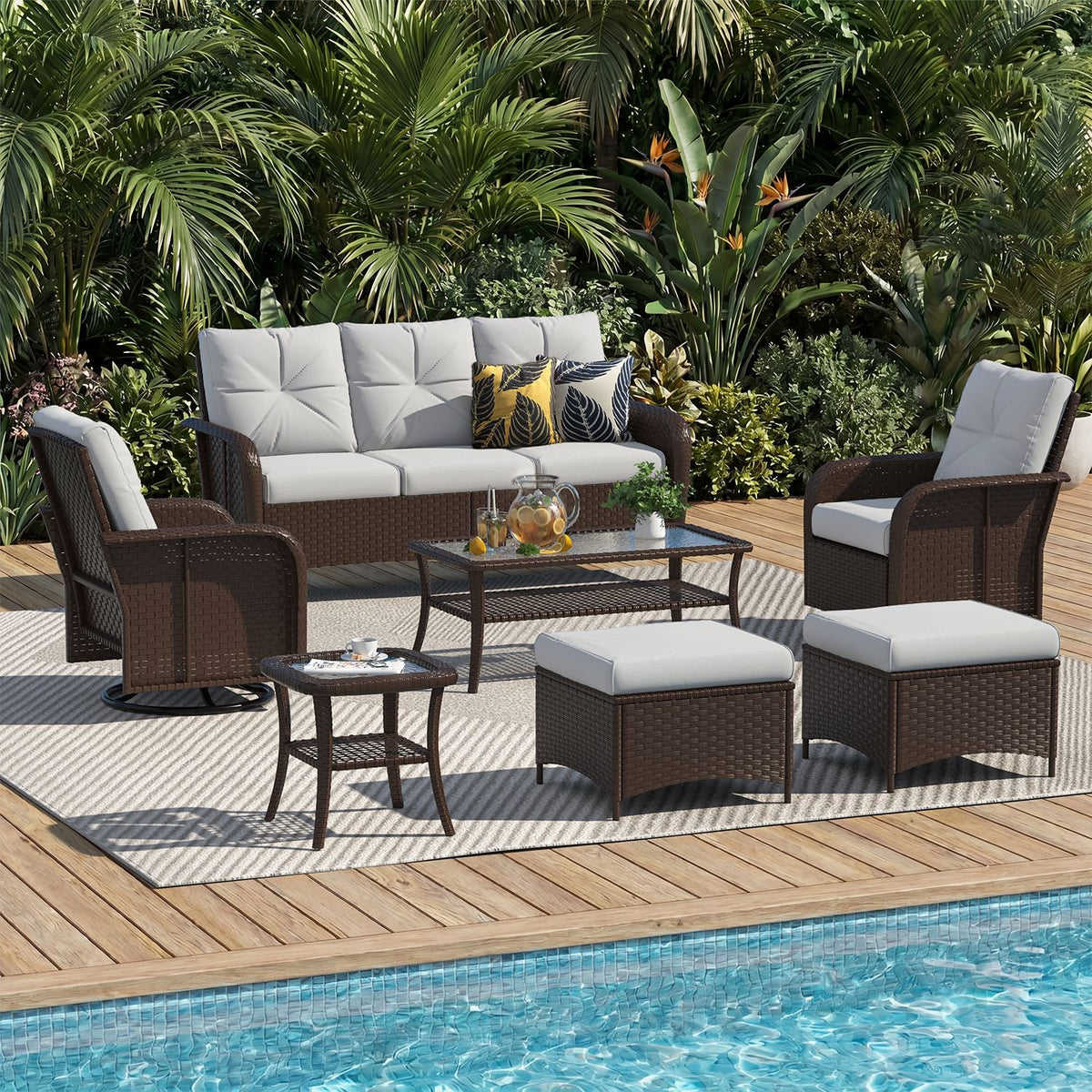 Dateyes 7-Piece Patio Furniture Set, High Back Swivel Rocker Chairs with Thick Cushions, Wicker Rattan Outdoor Sectional Sofa with Coffee Table, Gray