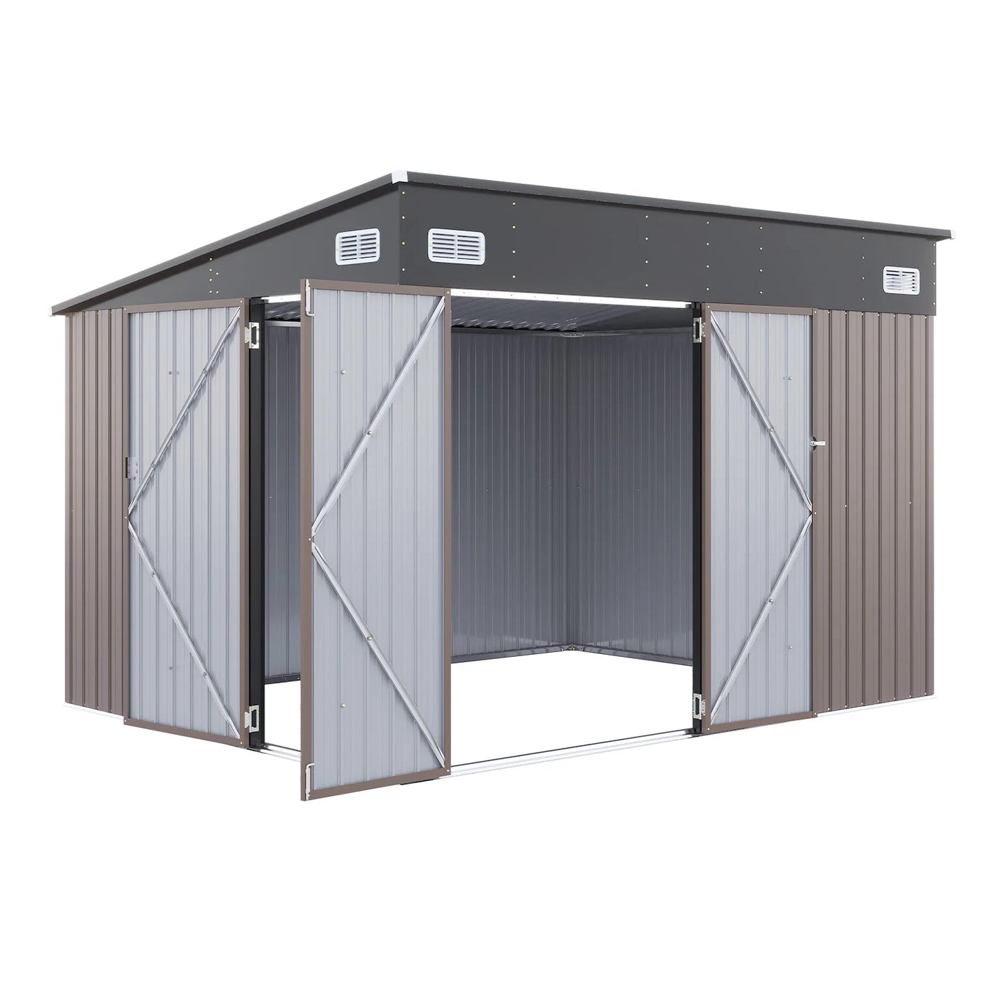 Clouddwell 10ft x 8ft Heavy-Duty Metal Storage Shed with 3 Doors, Lockable Lean-To Design, Weatherproof for Garden & Tools (Brown)