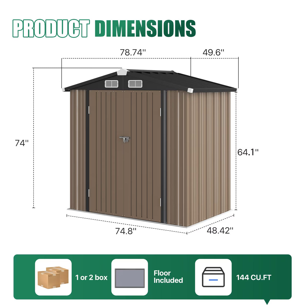 Dateyes 6X4FT Outdoor Storage Shed with Plastic Floor, Metal Tool Shed with Lockable Door and Vents, Patio Shed for Garden, Backyard, Poolside, Brown