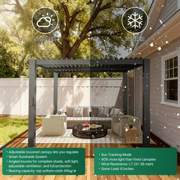 Clouddwell Louvered Pergola with Adjustable Top, 10'x10' Outdoor Metal Pergola, Gray, for Patio, Garden and Backyard