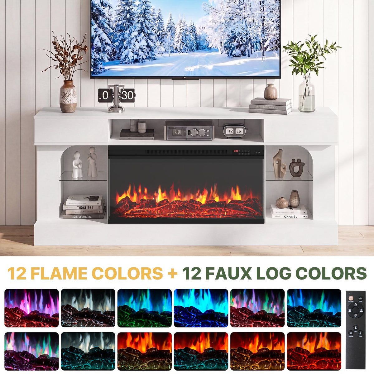Sonegra 70 Inch Fireplace TV Stand, 3‑Sided Glass Electric Fireplace Media Console Fits Up to 80" TV, Entertainment Center with Shelves & Spacious Storage, LED Flame TV Cabinet for Living Room, White