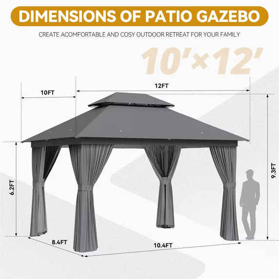 Sunmthink Outdoor Gazebo for Patio 10x12, Metal Frame Canopy with Double Roofs, Heavy Duty Party Tent and Shelter with Mosquito Netting and Privacy Screen for Backyard,Garden,Deck (Gray)