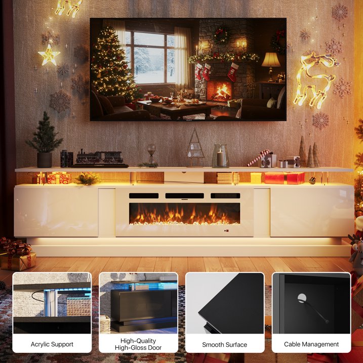 Sonegra Modern Fireplace TV Stand for TVs Up to 90" with Music Sync LED, 80" Entertainment Center with Electric Fireplace, TV Console with Storage Cabinets for Living Room, White