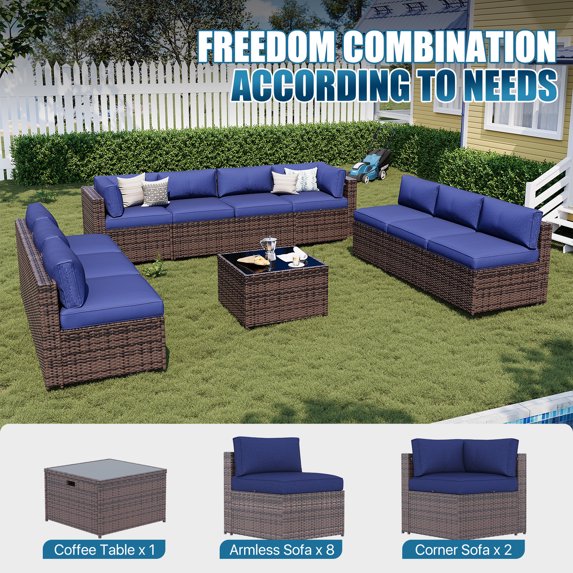 Sunmthink Patio Furniture Sets, 11-Piece Outdoor Patio Furniture with Thick Cushions, Wicker Outdoor Conversation Set and Waterproof Cover for Backyard, Poolside, Garden