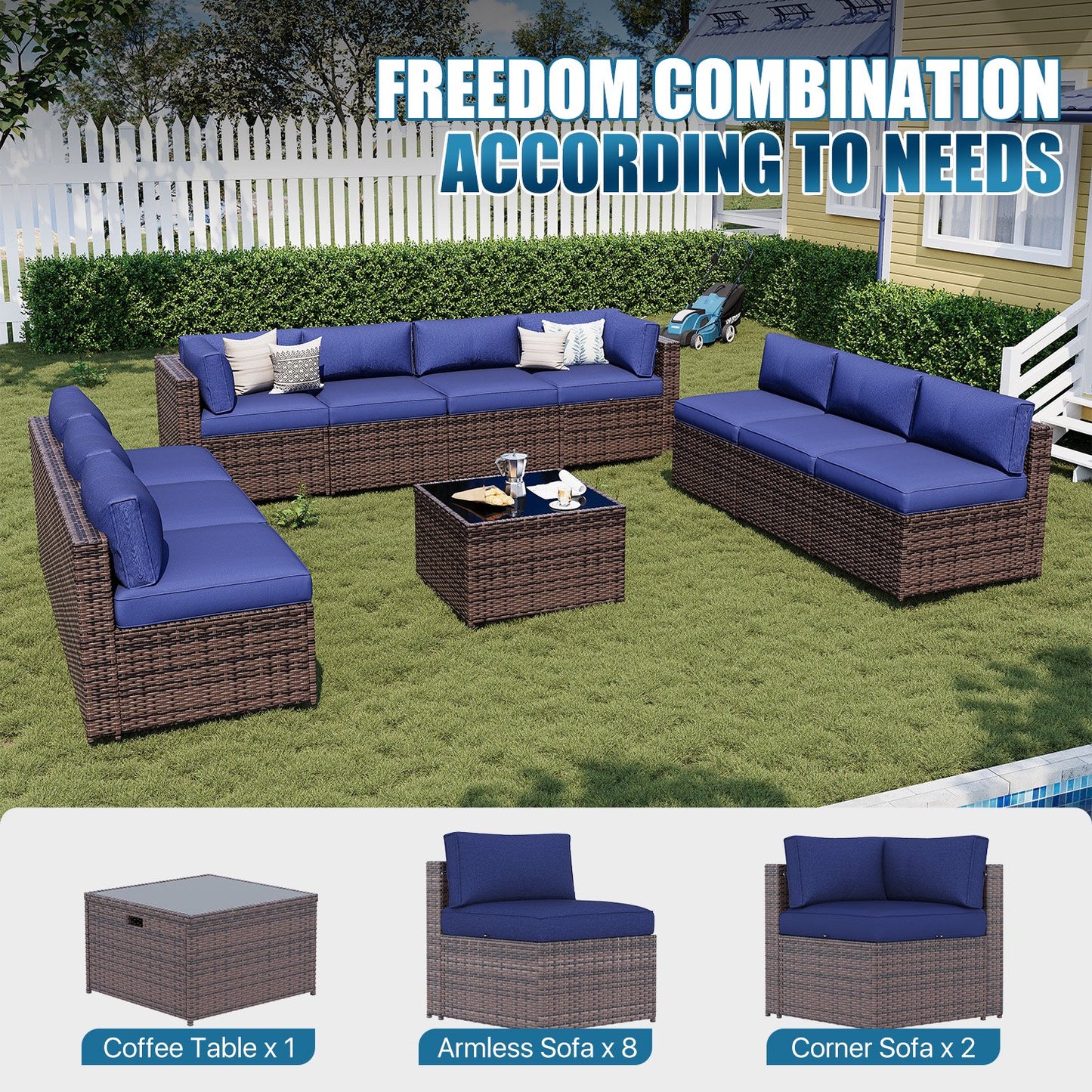 Sunmthink Patio Furniture Sets, 11-Piece Outdoor Patio Furniture with Thick Cushions, Wicker Outdoor Conversation Set and Waterproof Cover for Backyard, Poolside, Garden