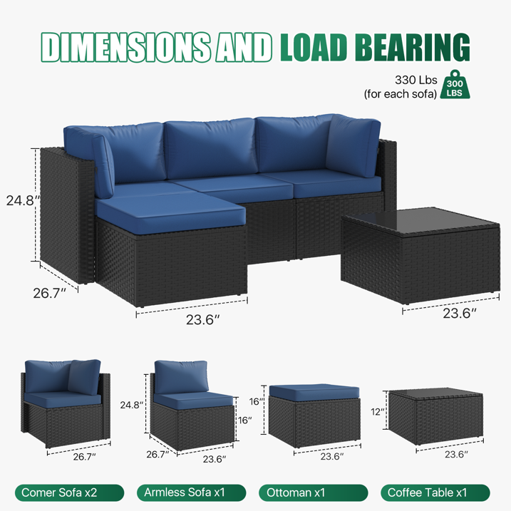 Clouddwell 3 Pieces Patio Furniture Set, All-Weather Wicker Rattan Patio Sectional Sofa Set with Coffee Table and Waterproof Cover(Navy Blue)