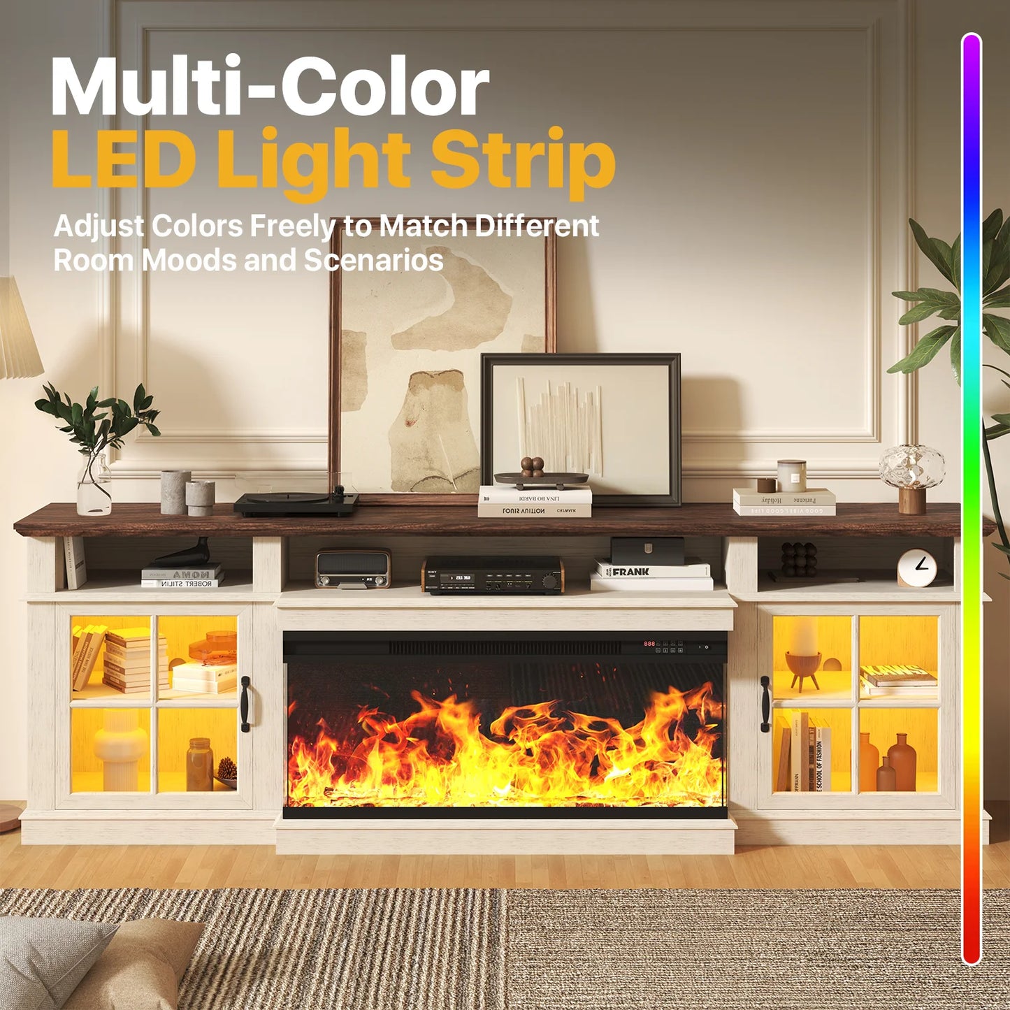 Sonegra 80 inch Fireplace TV Stand for TVs up to 90" with Electric Fireplace, Farmhouse Entertainment Center with LED Lights and Glass Door, Modern TV Consoles for Living Room, White